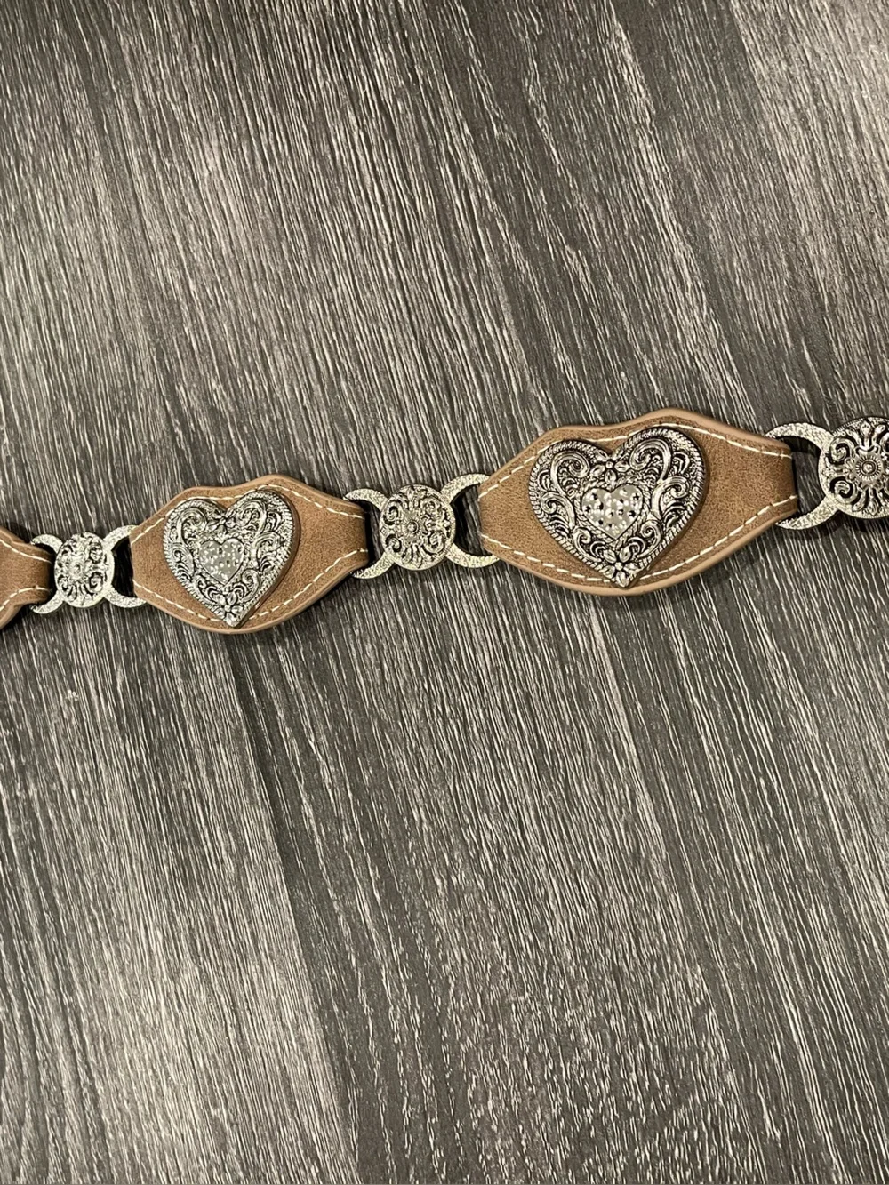 Western Concho Heart Belt Brown Faux Leather Silver Engraved Buckle Boho Cowgirl